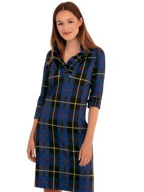 Gretchen Scott Blue Plaid Shirtdress with Red and Yellow Accents